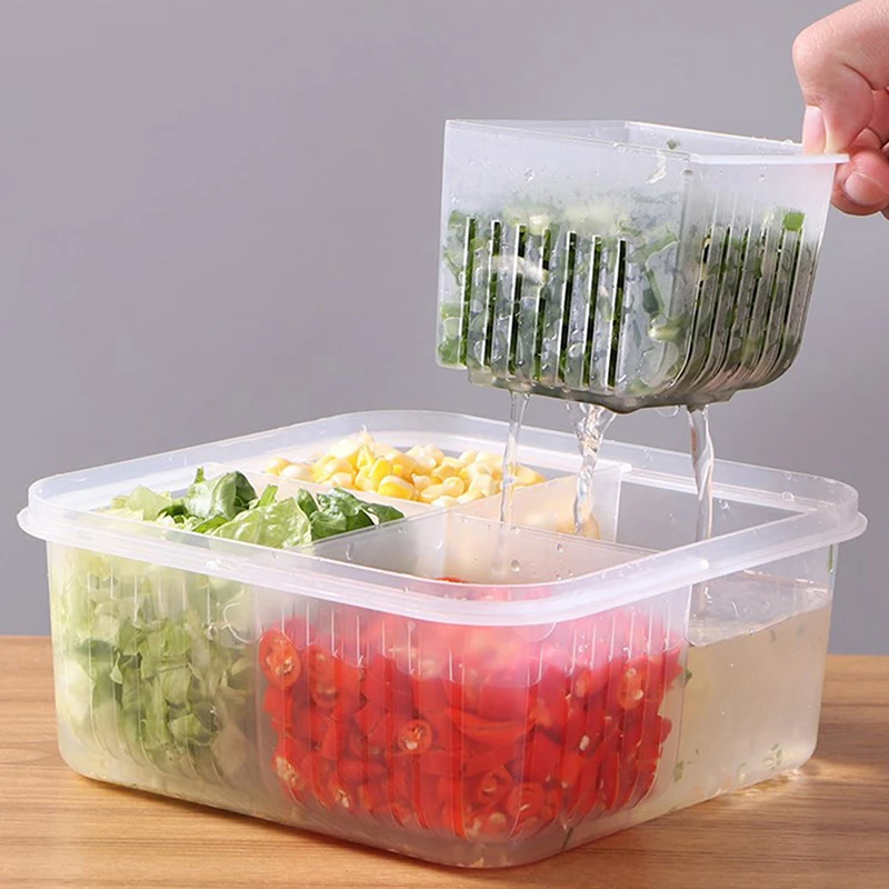 Refrigerator Storage Box 4 Grid Food Vegetable Fruit Fridge Organizer Drain Basket Meat Onion Ginger Clear Crisper