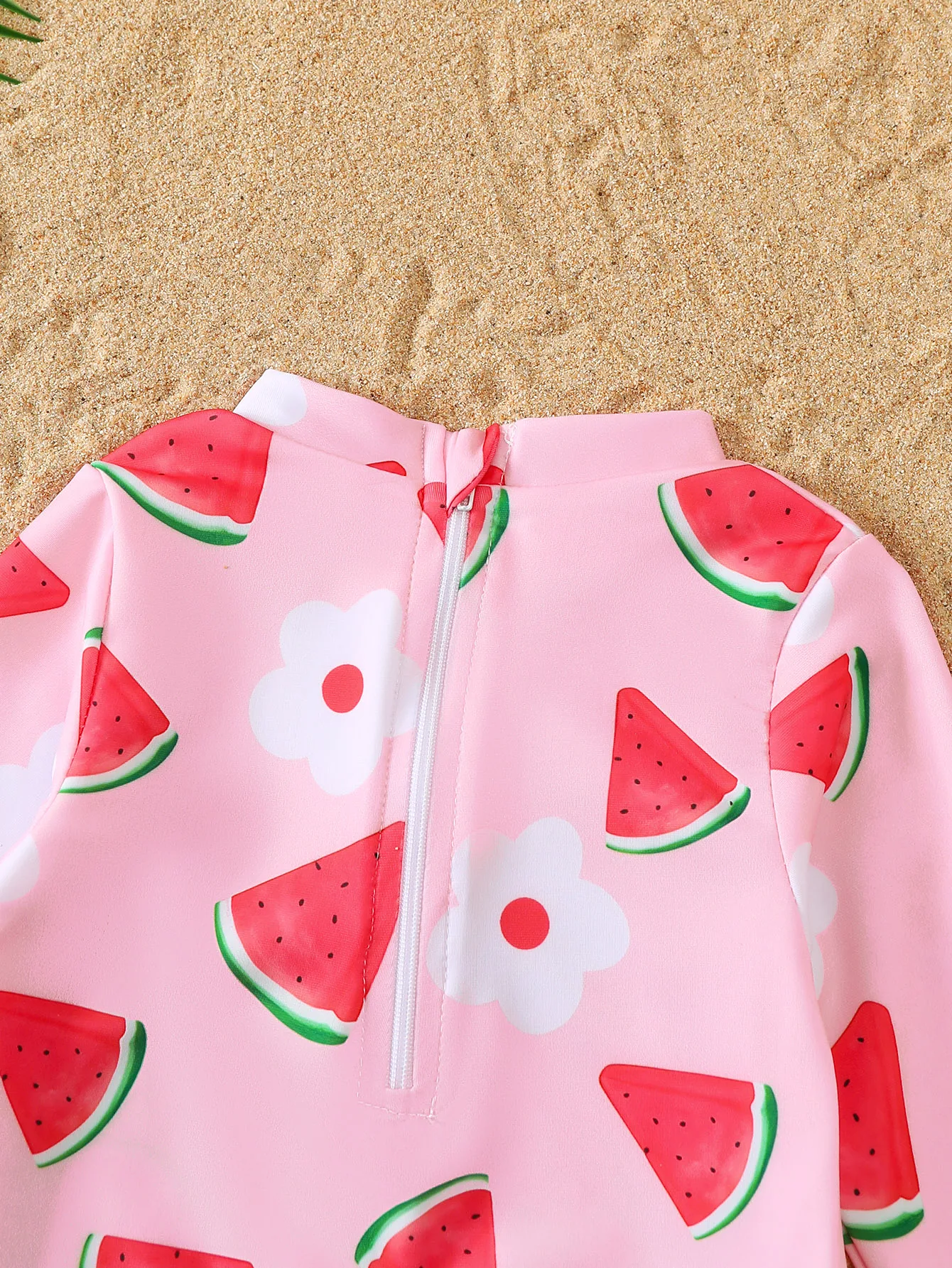 Baby Girl Summer Watermelon Pattern Long Sleeve Onesie Swimsuit with Sun Hat Infant Swimming Suit Set view 2