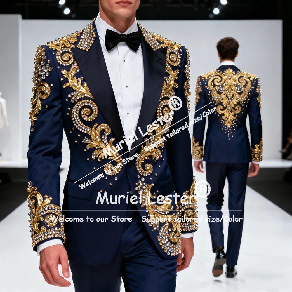 

Luxury Beads Men Suits Peaked Lapel Groom Tuxedos Outfit Wedding Prom Blazers Pants 2 Pieces Sets trajes elegante para hombres