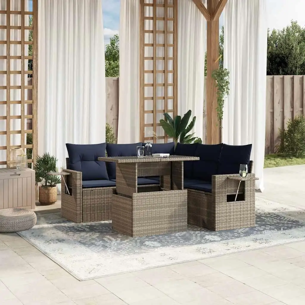 

6 Piece Gray Poly Rattan Patio Sofa Set with Soft Cushions Outdoor Furniture Garden Seating