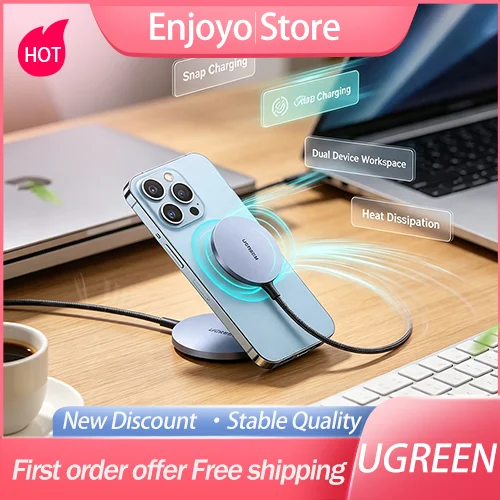 UGREEN Magnetic Wireless Charger 15W Qi Fast Charging Pad Portable Aluminum Alloy Heat Dissipation Charger Compatible for iPhone