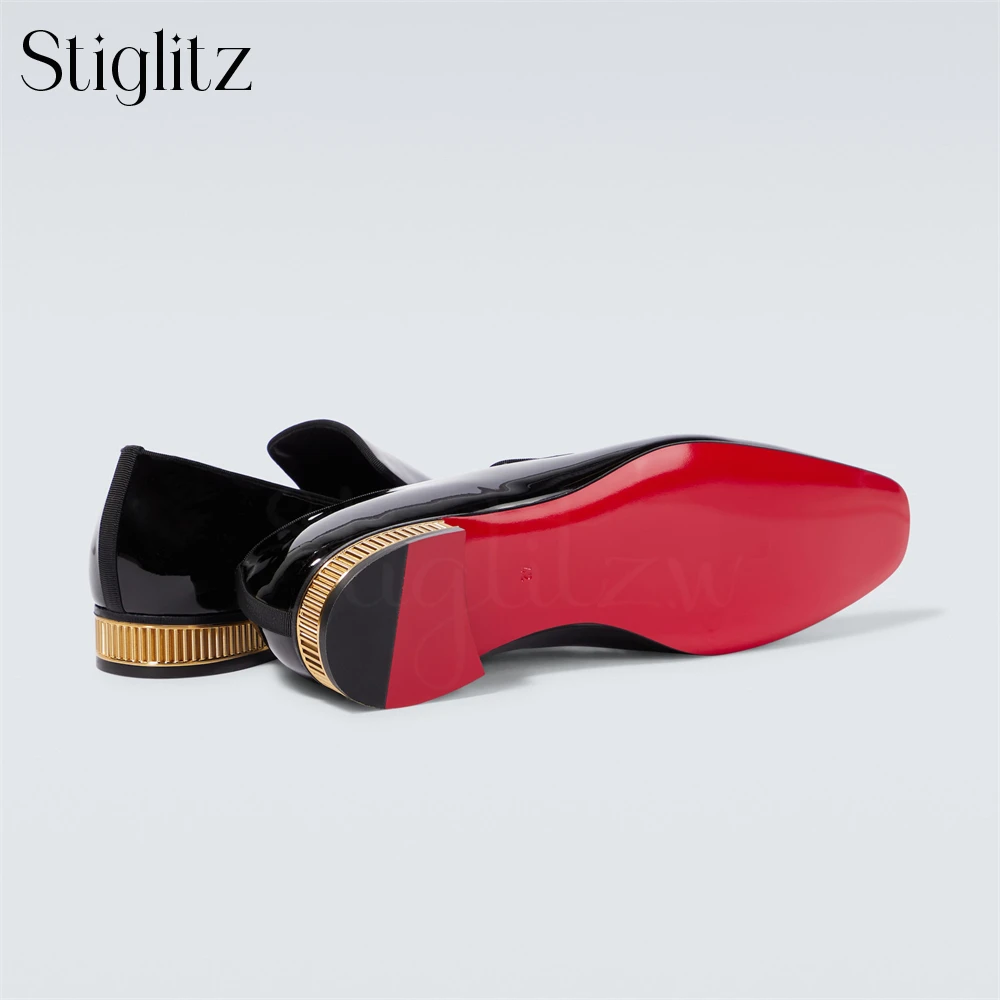 Metallic Gold Low Chunky Heel Loafers for Men Black Patent Leather Classic Dress Shoes Designer Style Handcrafted Leather Shoes