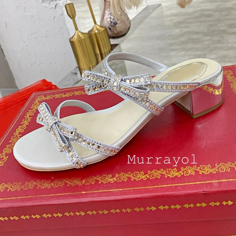 Zapatillas de tacón cuadrado con punta abierta para mujer, sandalias con decoración de diamantes de imitación y nudo de mariposa, zapatos de vestir de verano, zapatos de tacón, zapatos de hadas