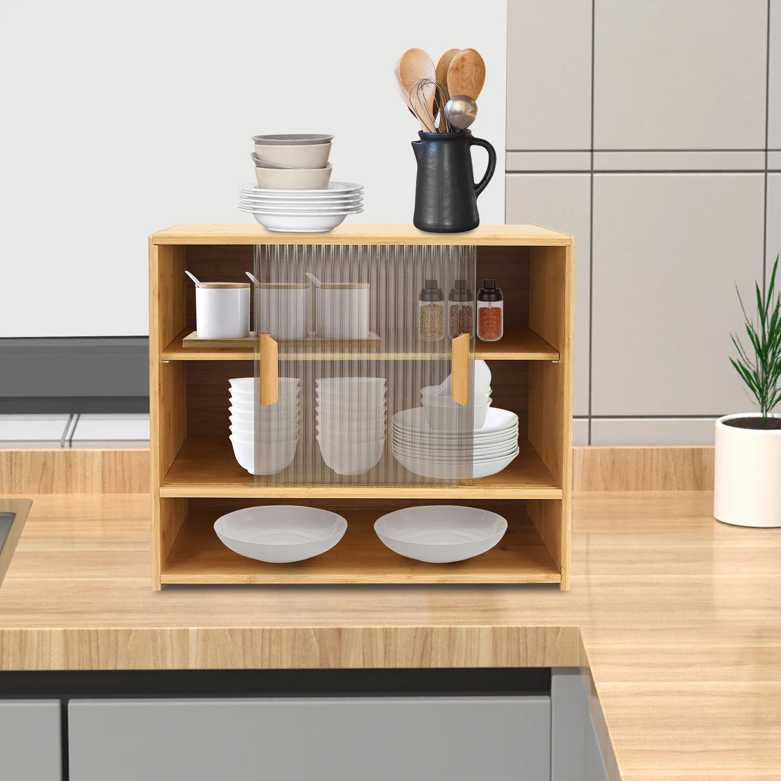 

Freestanding Countertop Storage Cabinet, Small Bamboo Kitchen Pantry Sideboard with 2 Sliding Striped Glass Doors for Dish, Bowl