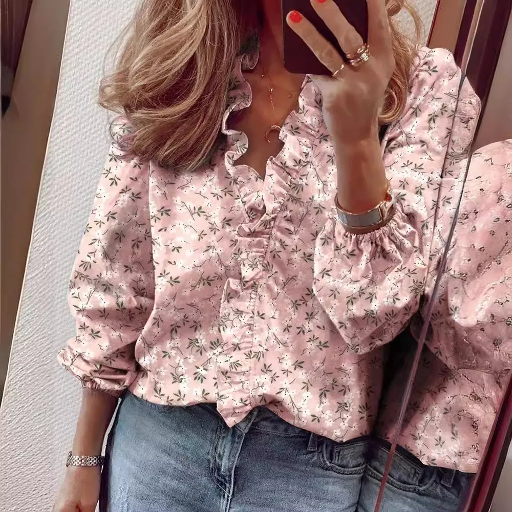 Ladies Lotus Leaf Collar Pullover Blouse Tops 2024 Autumn New Long Sleeved Ruffled Patchwork Shirt Blusa Feminina Inverno Y2K