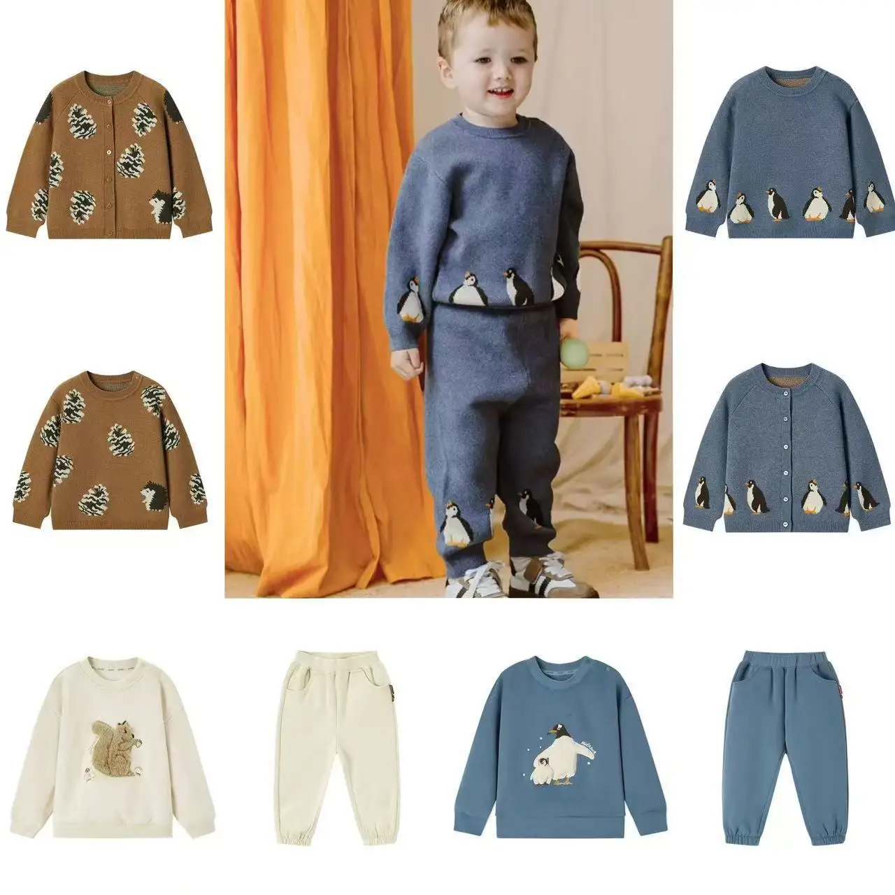 

Children's Sweater Set 2024 Fall And Winter New Cartoon Fashion Boys And Girls Knitted Jacket Cotton Sweater Children's Clothing