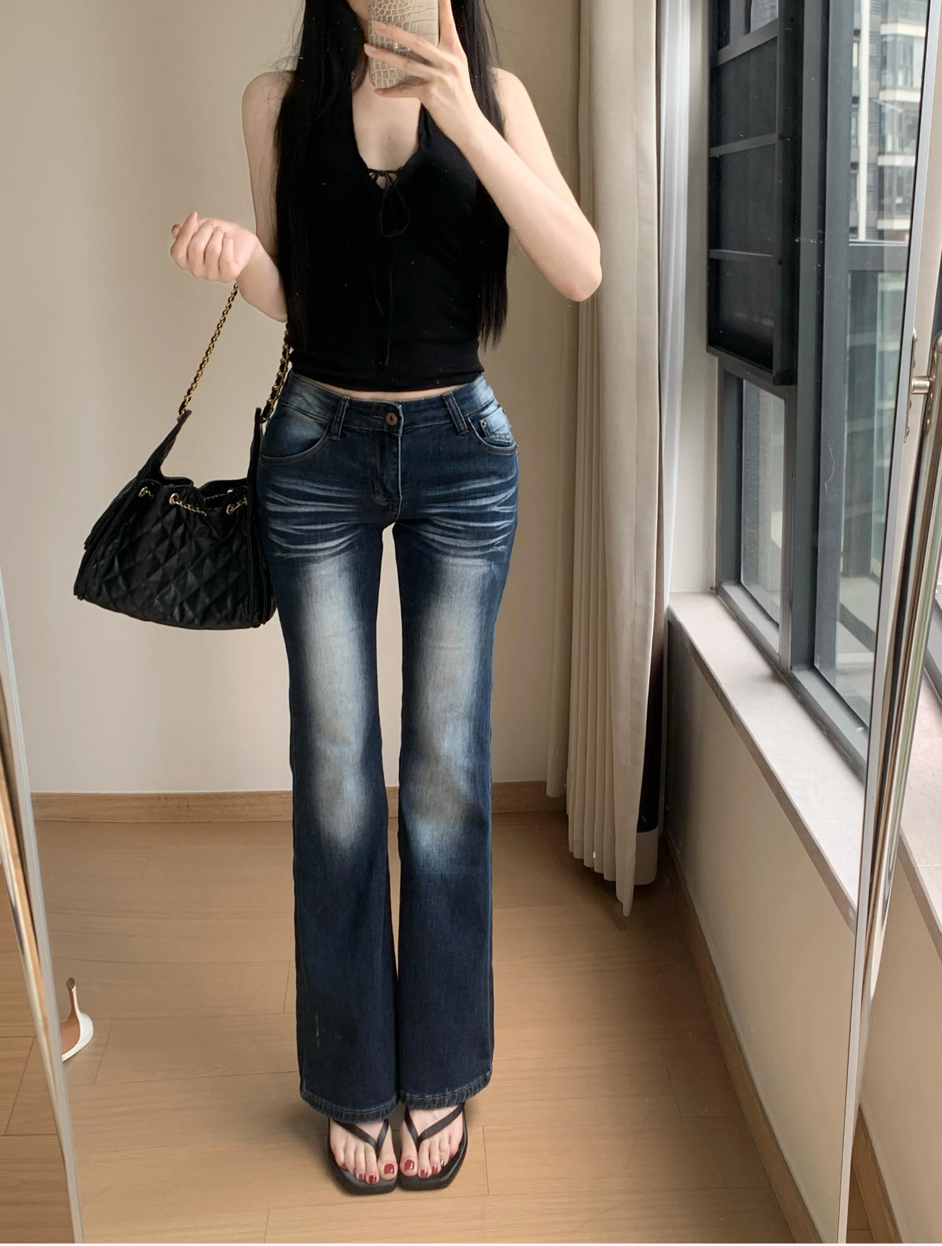 Low Waist Bell Bottom Jeans Women's Summer Slim Fit Elastic Butt Lifting Pants Crotch Enhancing Vintage Style Denim Jeans