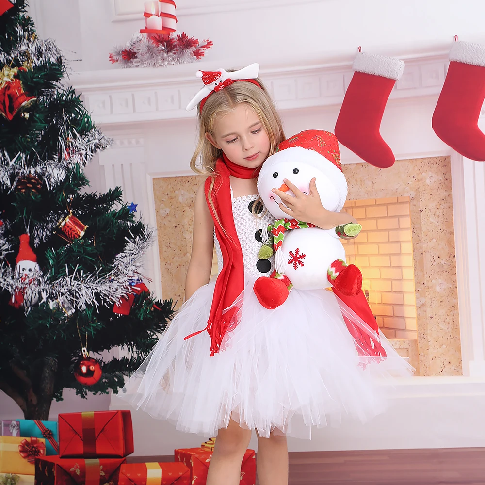 Frosty The Snowman Winter Holiday Tutu Dress with Scarf Children Christmas Dress Baby Girl Snowman Costume Toddler Tulle Dress