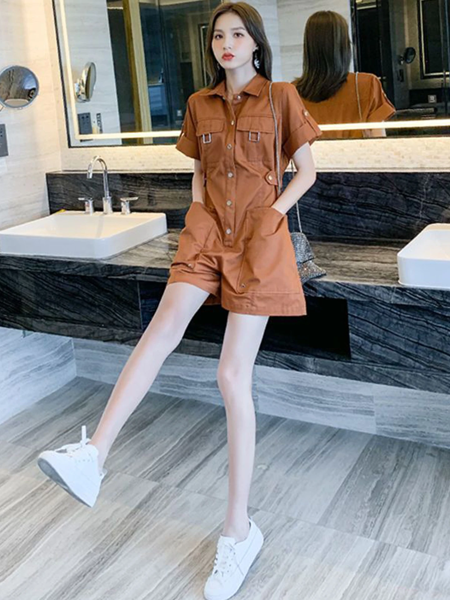 

Brown Casual Loose ort Sve Pants for Women High Waist Workwear Polyester Fiber Summer New Sle Faionable Sl...