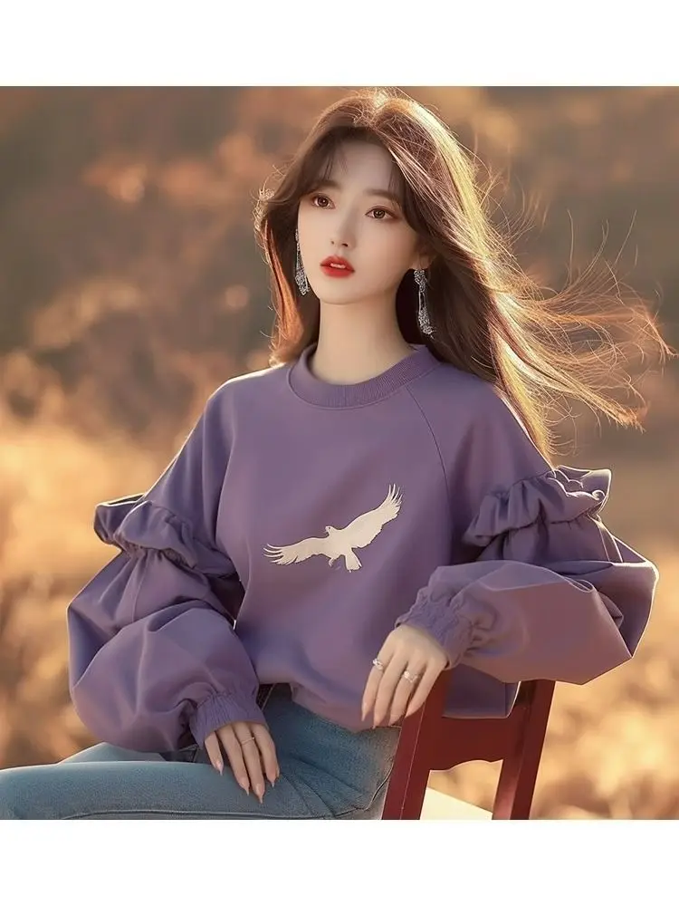 여성 인쇄 운동복 긴 프릴 슬리브 보라색 느슨한 풀오버 가을 새로운 패션 캐주얼상의