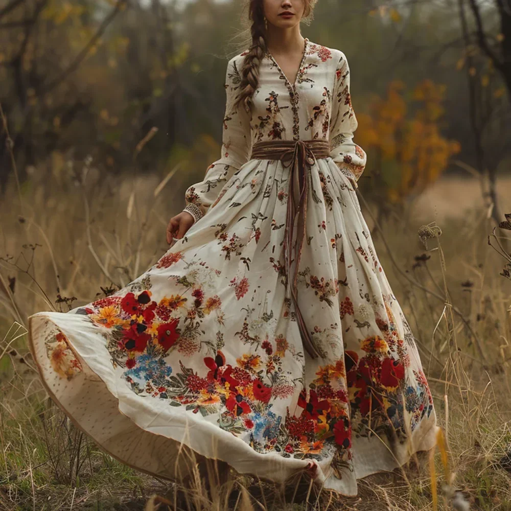 Mode bloemenprint lange jurk voor dames v-hals etnische indie folk vintage elegante zoete jurk lange mouw herfst 2025, jurk