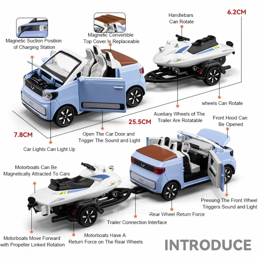 1:24 WuLing HongGuang MINI EV liga modelo de carros em miniatura brinquedos diecast conversível com barco a motor luz de som puxar para trás presente para crianças