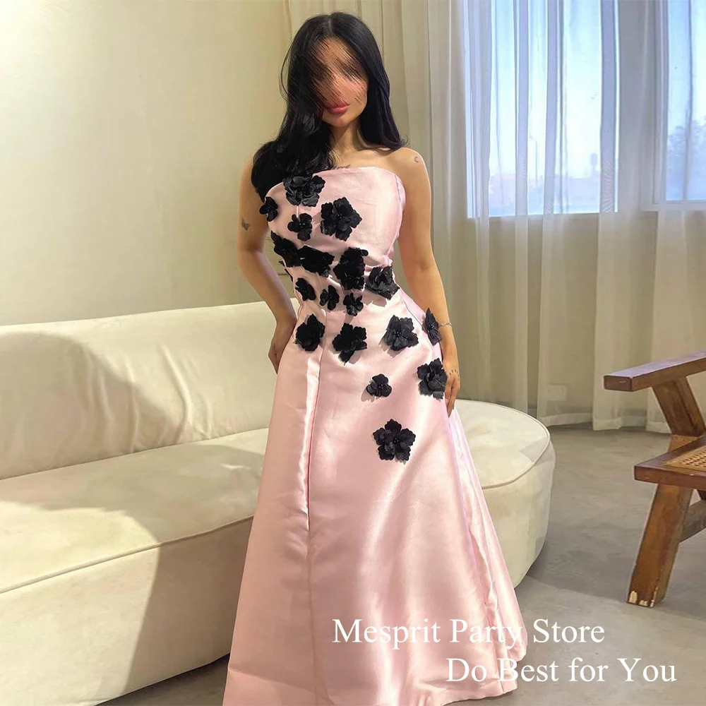 

Pale Pink Evening Dress with Black Flowers Strapless Sleeveless A Line Satin Prom Dresses Custom Size Wedding Party Gown