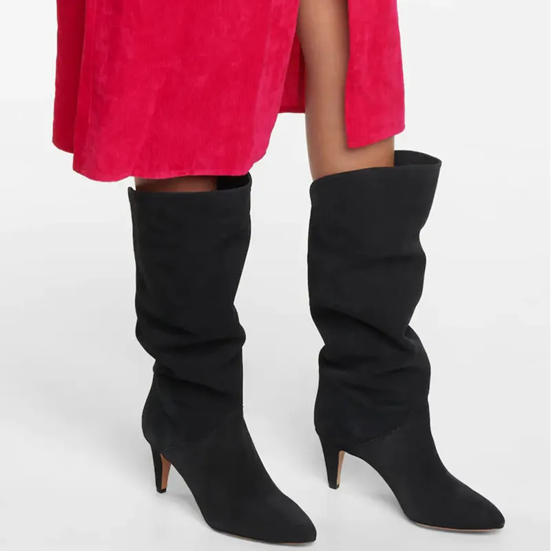 

Pointed Toe Mid-Heeled Slimming Knee-High Boots Stiletto Heel Round-Toe Botines Femininas Slip-On Large Sizes Cowboy Botas