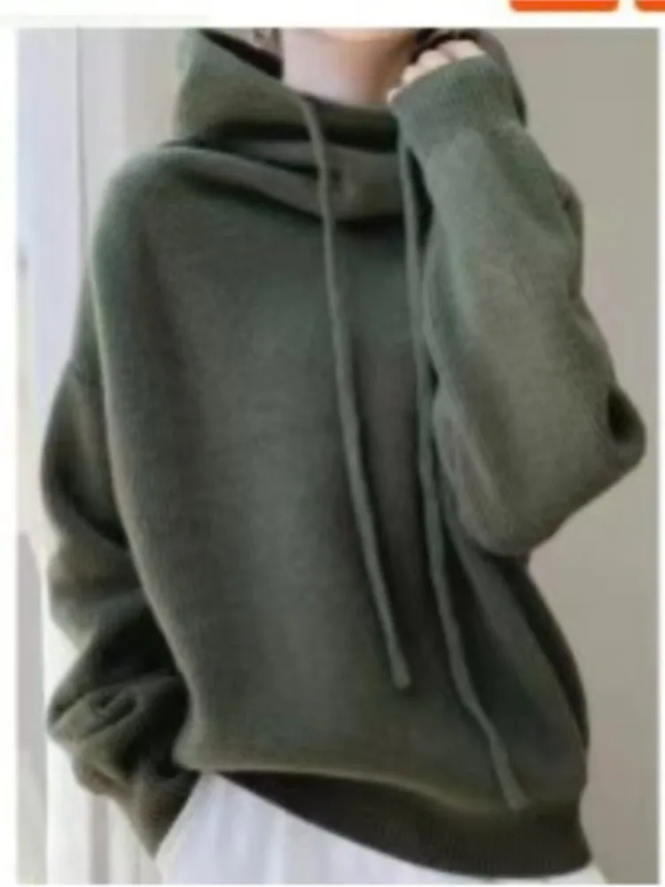 เสื้อฮู้ดไหมพรมถักทรงหลวมแบบใหม่สำหรับฤดูใบไม้ร่วงและฤดูหนาว เสื้อสเวตเตอร์ผู้หญิงแบบสวมหัว มีฮู้ด ผ้าถักหนา พร้อมเชือกผูก เหมาะสำหรับใส่ทำงาน