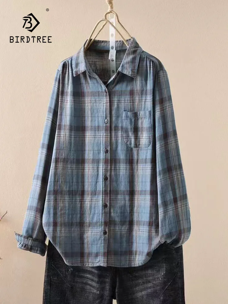 

New 2025 Autumn Cotton Yarn Long Sleeve Shirt, Women Turn-down Collar Plaid, Mori Girl Fashion Casual Soft Loose Blouse T58557CC