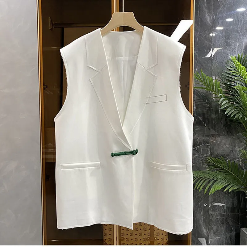 

Elegant Ladies Suit Collar Sleeveless Commute Waistcoat Jacket Women Fashion OL Disc buckle Solid Color Vest Tops s441