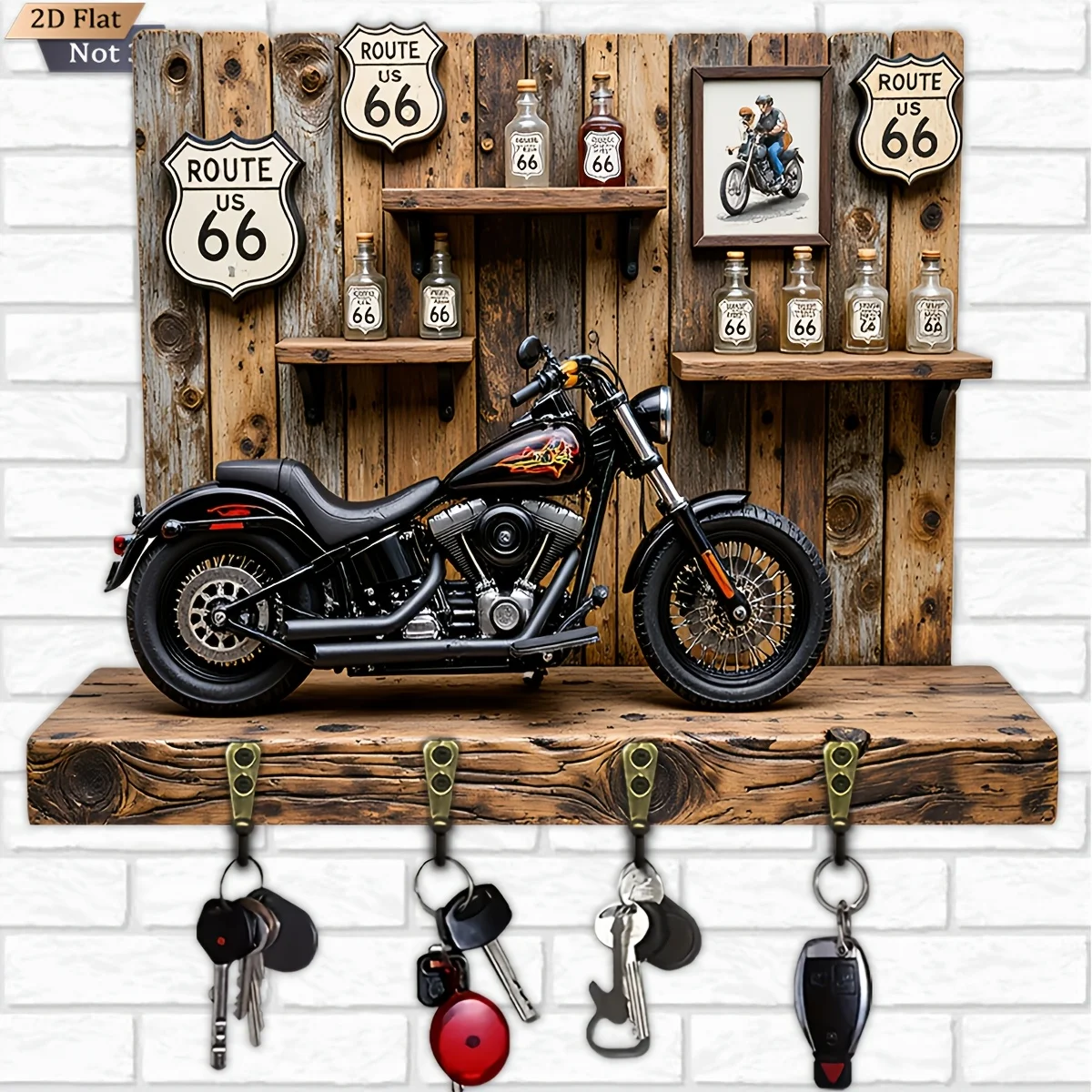 2D Flat, 1pc, Retro Route 66 Style Key Hook Wooden Multifunctional Home Key Holder with Four Metal Hooks, Wall Decoration,