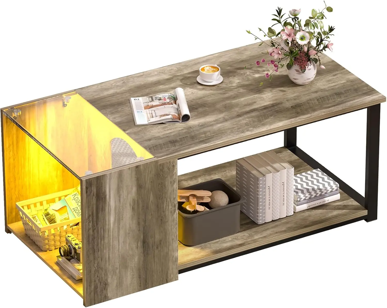 Coffee Table for Small Living Room, Modern Center Tables with Storage, Rectangular Glass Top Table with LED Light, Grey