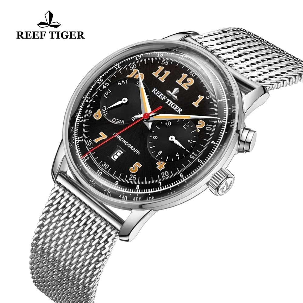 Reef Tiger/RT Luxury Vintage Mens Mechanical Watches Date Calendar Waterproof Watch Black Dial Mesh Steel Band Clock