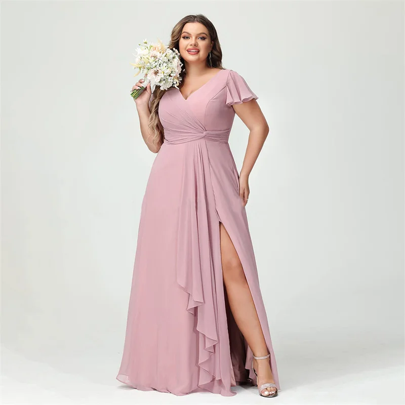 Personalize plus size fenda uma linha chiffon manga curta fora do ombro vestidos de dama de honra festa de casamento formal baile de formatura rendas até