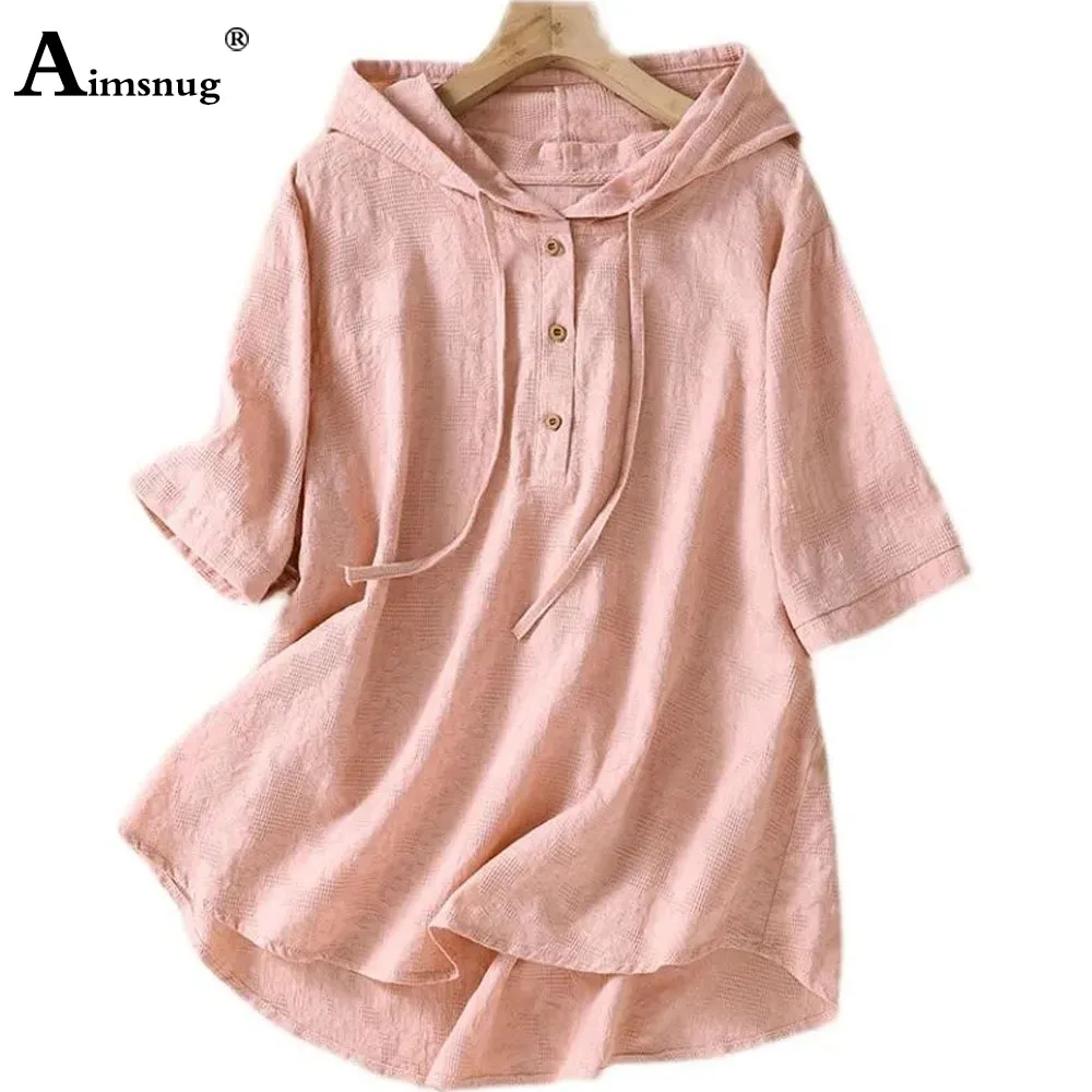 Aimsnug Plus Size Women Casual Linen Blouse Short Sleeve Women's Hooded Top Pullovers 2024 New Summer Loose Shirts Clothing 3XL