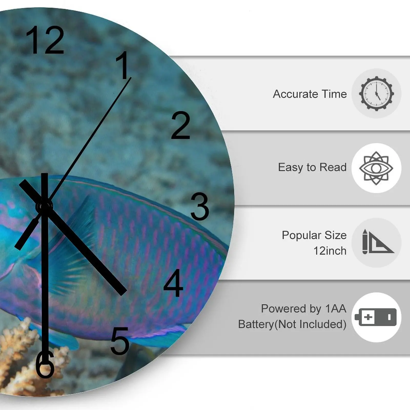 Office Wall Clock Lively fish schools Clocks 12 inch Silent Wood Round Artistic Ultra Thin Modern