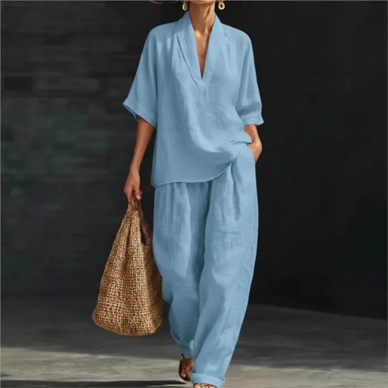 

Women's Two-piece V-neck Short-sleeved Wide-leg Trousers 2026 Spring And Summer Loose Casual Comfortable Simple Solid Color Suit