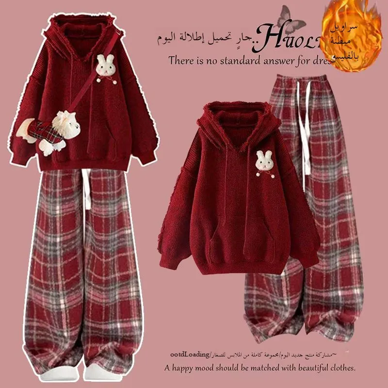 

Korean Style Halloween Red Hooded Fleece Women's Sweater Plaid Pants Winter Fashion Casual Outfit Two-Piece Set Polyester Fabric