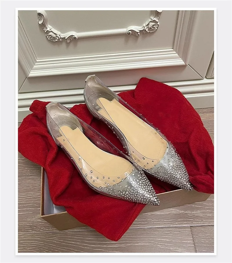

Transparent PVC Pointed Toe Shallow Slip On Flats Bling Crystal Rhinestone Fairy Shoes Women Bride Wedding Shoes Chaussure Femme