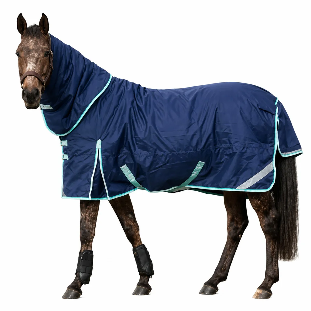 600D Oxford Horse Blanket with Cotton Filling Full Neck and Stainless Steel Hardware Breathable Ripstop Horse Rug with Tail Flap