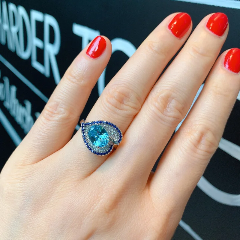 

European and American Fashion Rings for Women Micro Paved Red and Blue Gemstone Rings Wholesale