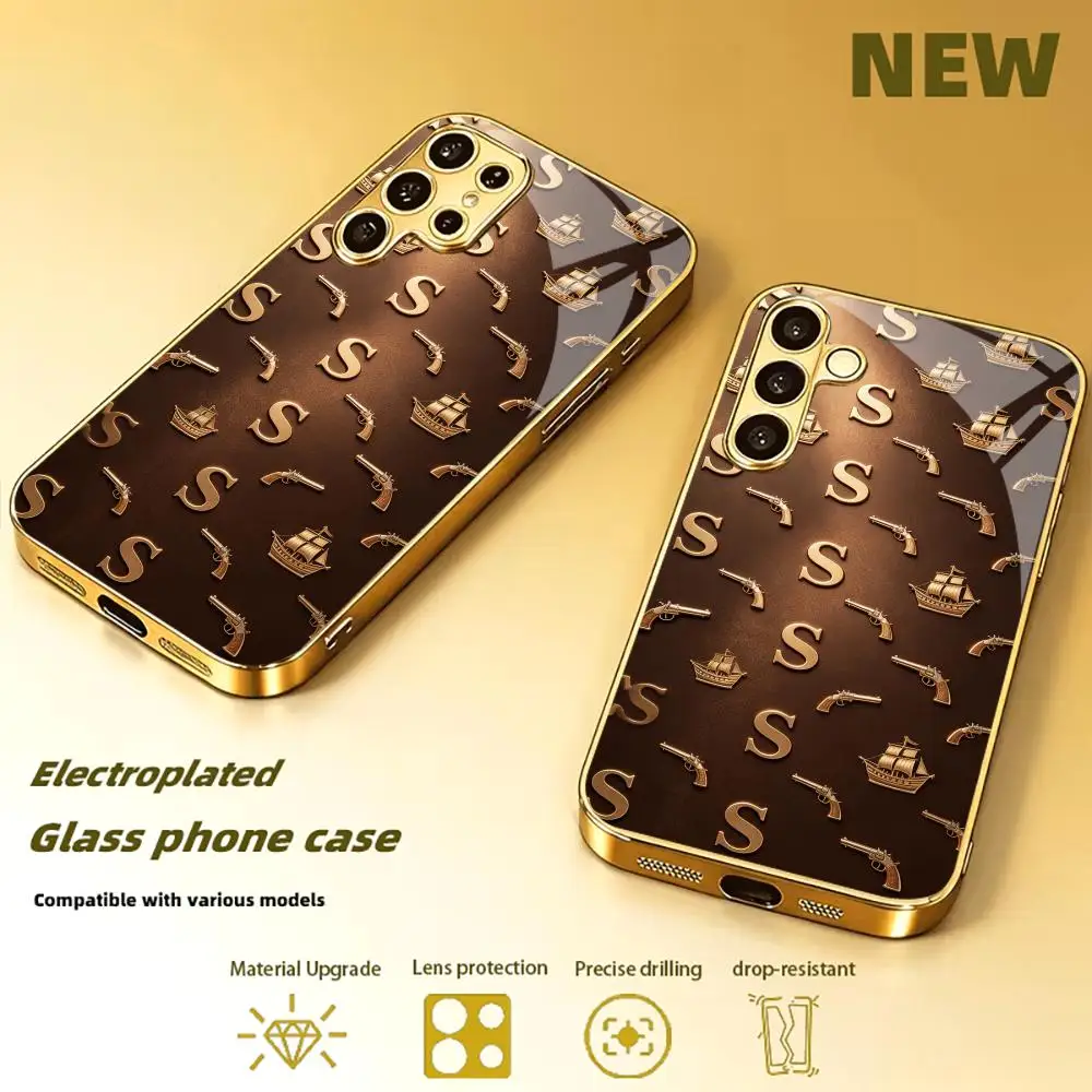 Golden Retro S Ship High-end Glass TPU QHD phone case for Samsung Galaxy S26 S25 S24 S23 S22 S21 FE,Ultra,Plus Dropresistant