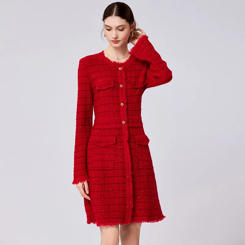

Men Women Autumn Winter Red Long-sleeved Wool Blend Dress