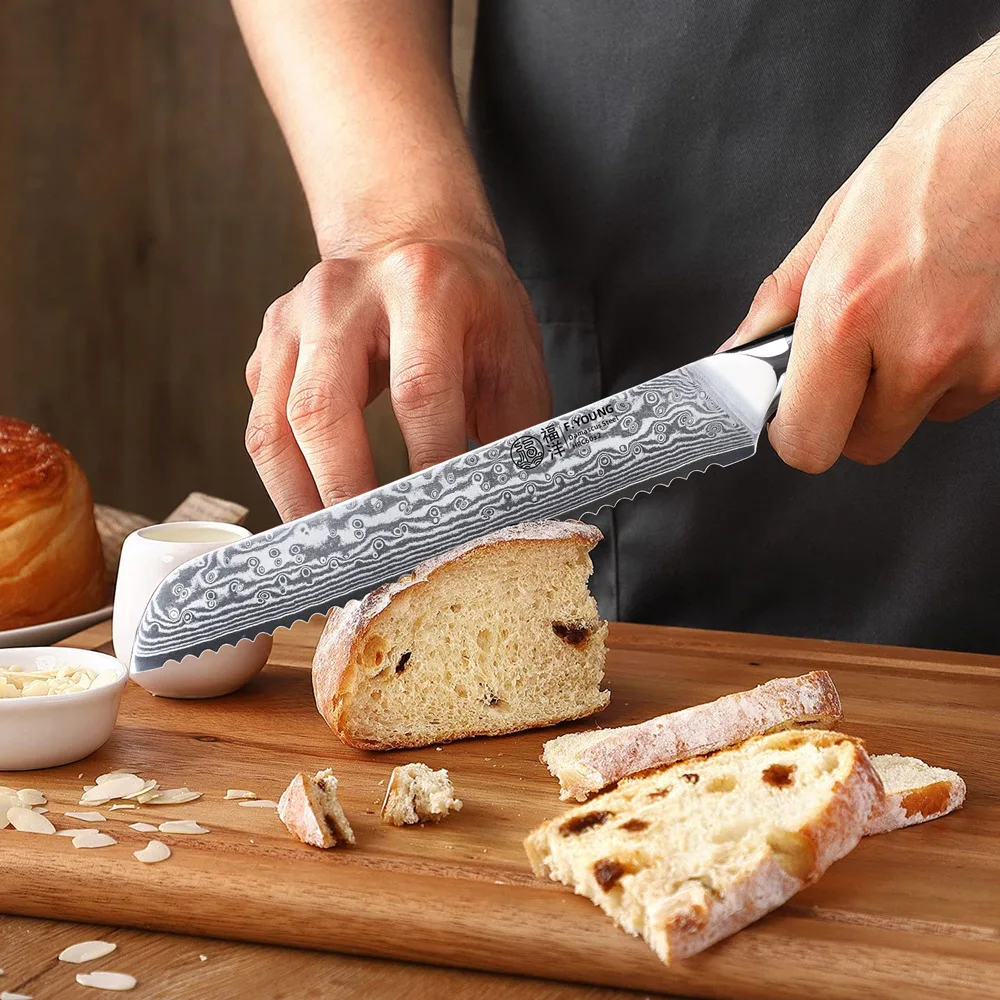 F.YOUNG 8-inch Serrated Bread Knives Japanese Damascus Steel VG10 Chef Knife Super Sharp Kitchen Knife Cut Bread Cheese Knife