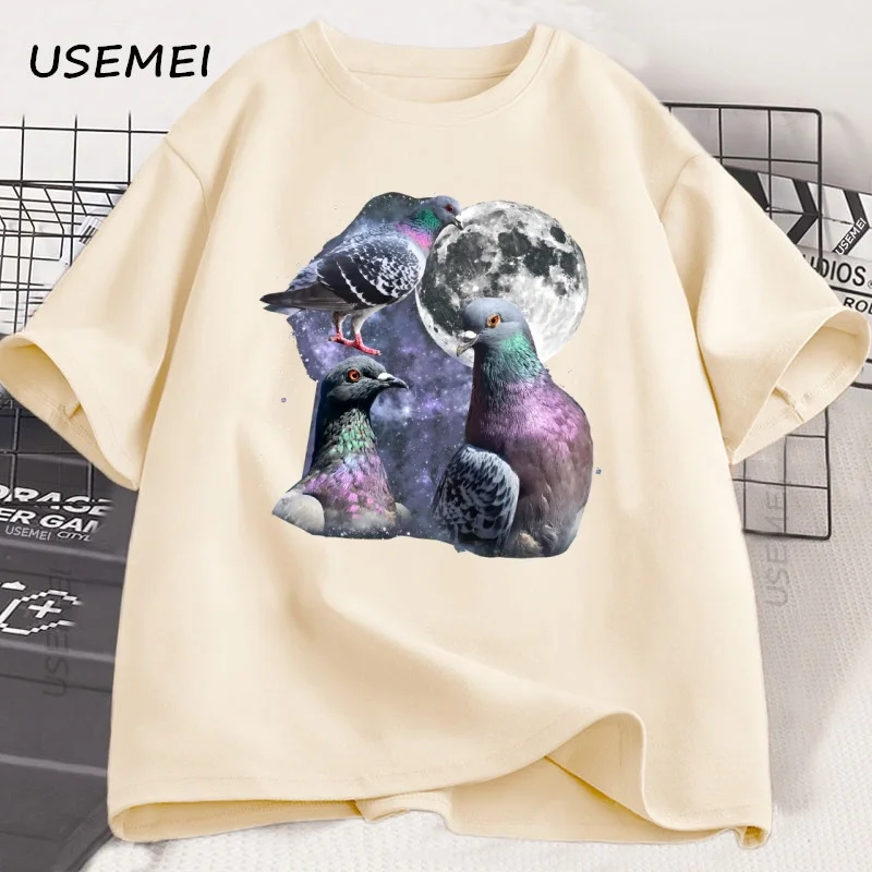 Three Pigeon Retro Graphic T-shirts Pigeon Moon T Shirt Oversized Bird Tee Men Women Printed Cotton Short Sleeve Clothes Tops - Image 3