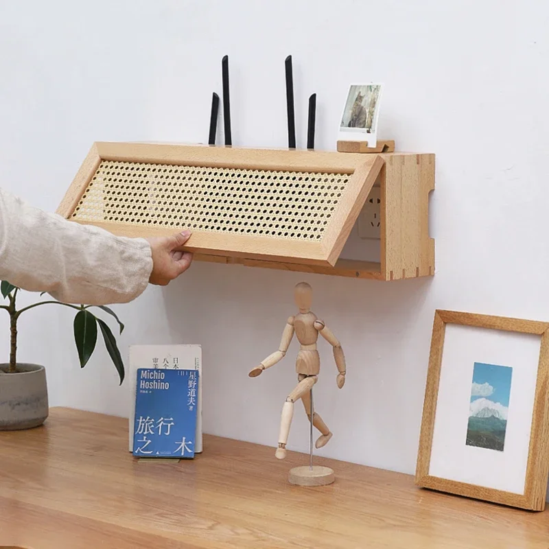 

Solid wood router storage box Wall-mounted wifi light cat socket wire box