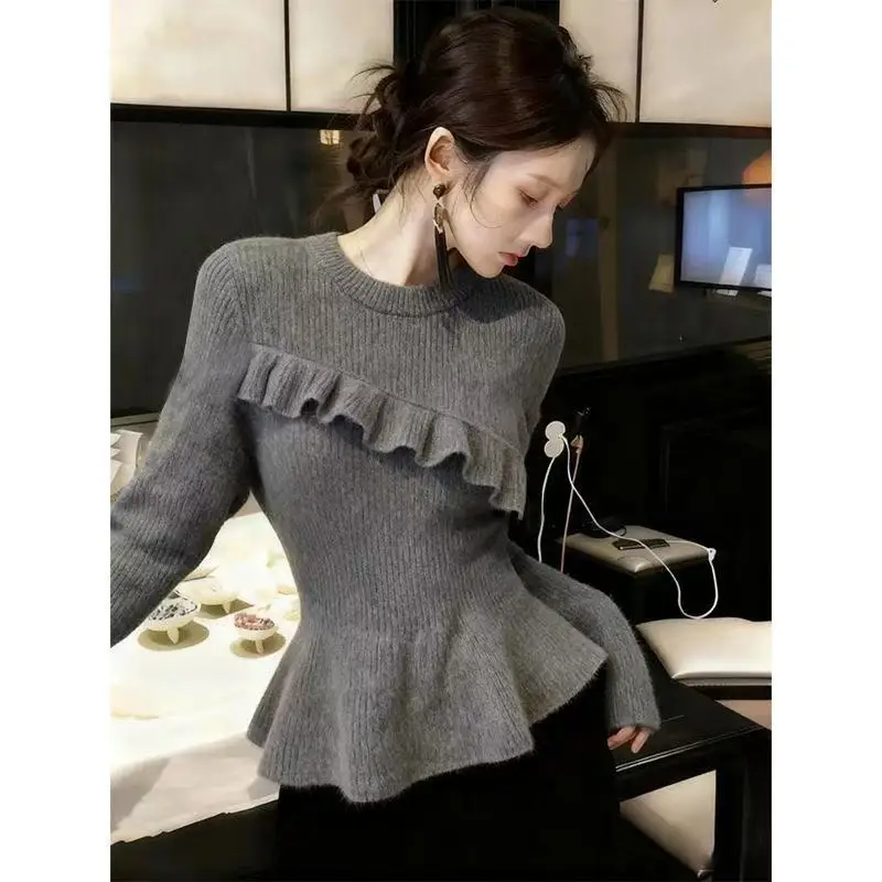 

Elegant Fashion Ruffle Edge Knitted Sweater Autumn Winter New Slim Women Pullovers Round Neck Casual Knitted Tops