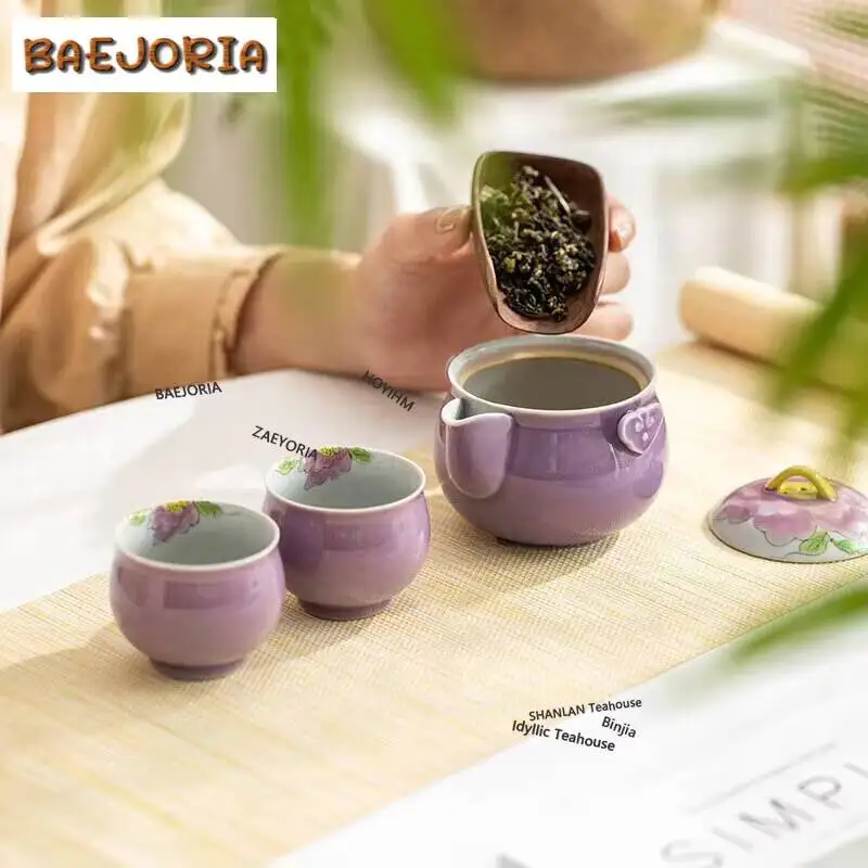 Hand Drawn Purple Peony Travel Tea Set Boutique Hand Grasp Pot Tea Set Kit Elegant 1 Pot 2 Cups Tea Maker Stock Bags Decoration