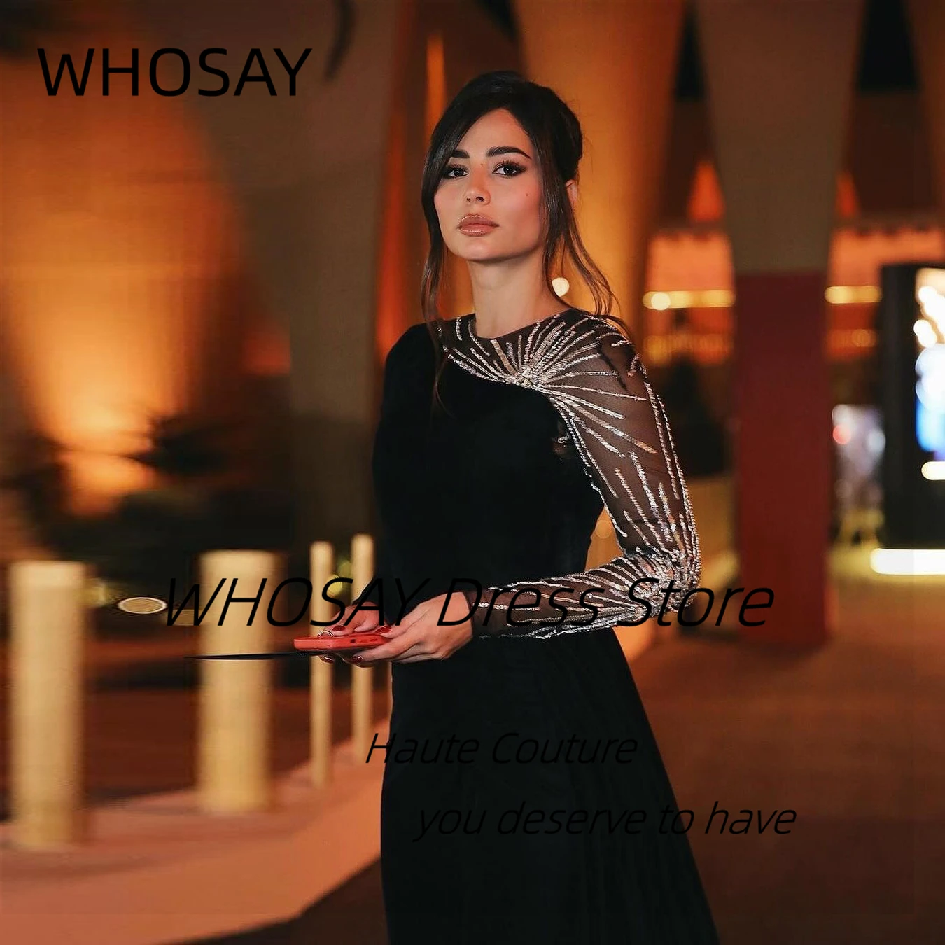 WHOSAY Celebrity Women Wear Black Velour Dresses O-Neck Beading Long Sleeves Evening Party Dress Side Slit Mermaid Prom Gowns