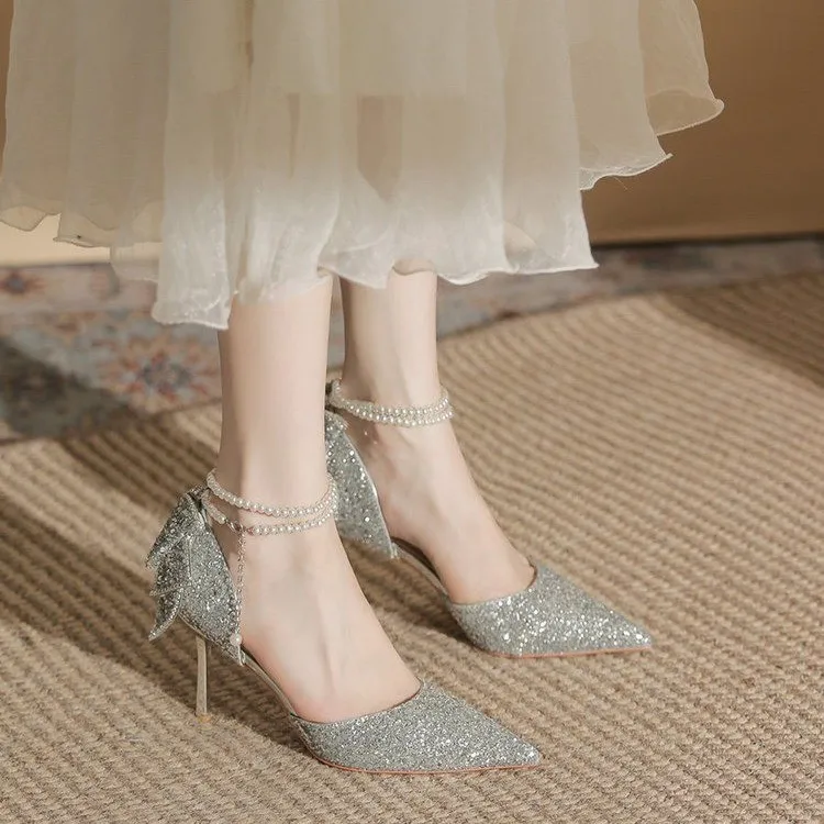 Bow Silver High Heels for Women, 18-Year-Old Coming-of-Age Gift, Elegant Stiletto Pointed Toe Sequin Crystal Wedding Shoes