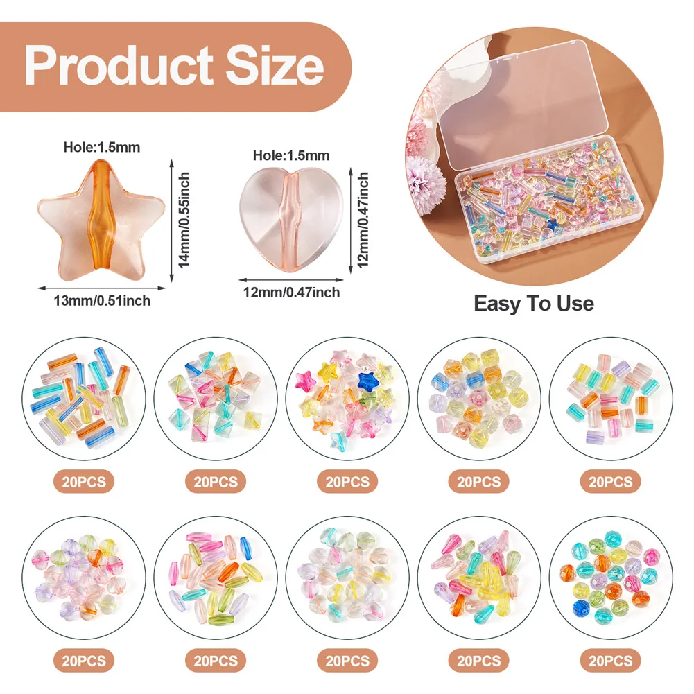 200pcs Mixed Transparent Acrylic Beads Teardrop Column Polygon Loose Spacer Beads for Bracelet Necklace Jewelry Making Findings