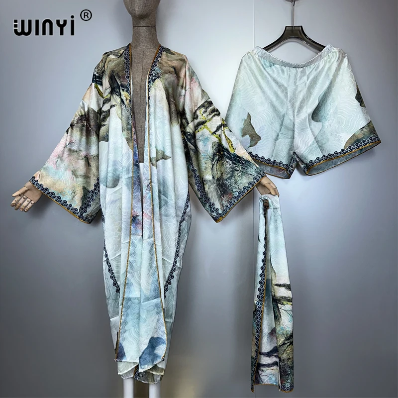 WINYI جودة عالية قطعتين مجموعات الصيف الزي امرأة البوهيمي طباعة كيمونو الطابق طول الشاطئ التستر عباية دبي فستان فاخر