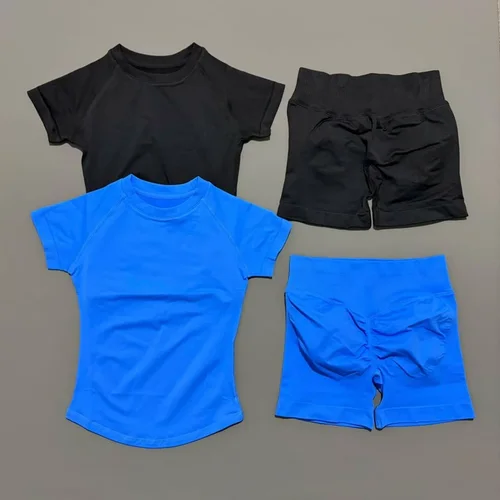 Imagen 2 del producto HISTELLO-Conjuntos de gimnasio de impacto para mujer, ropa de Yoga sin costuras de manga corta, conjunto de Fitness, entrenamiento, correr, deportes, mallas cortas, 2 uds.