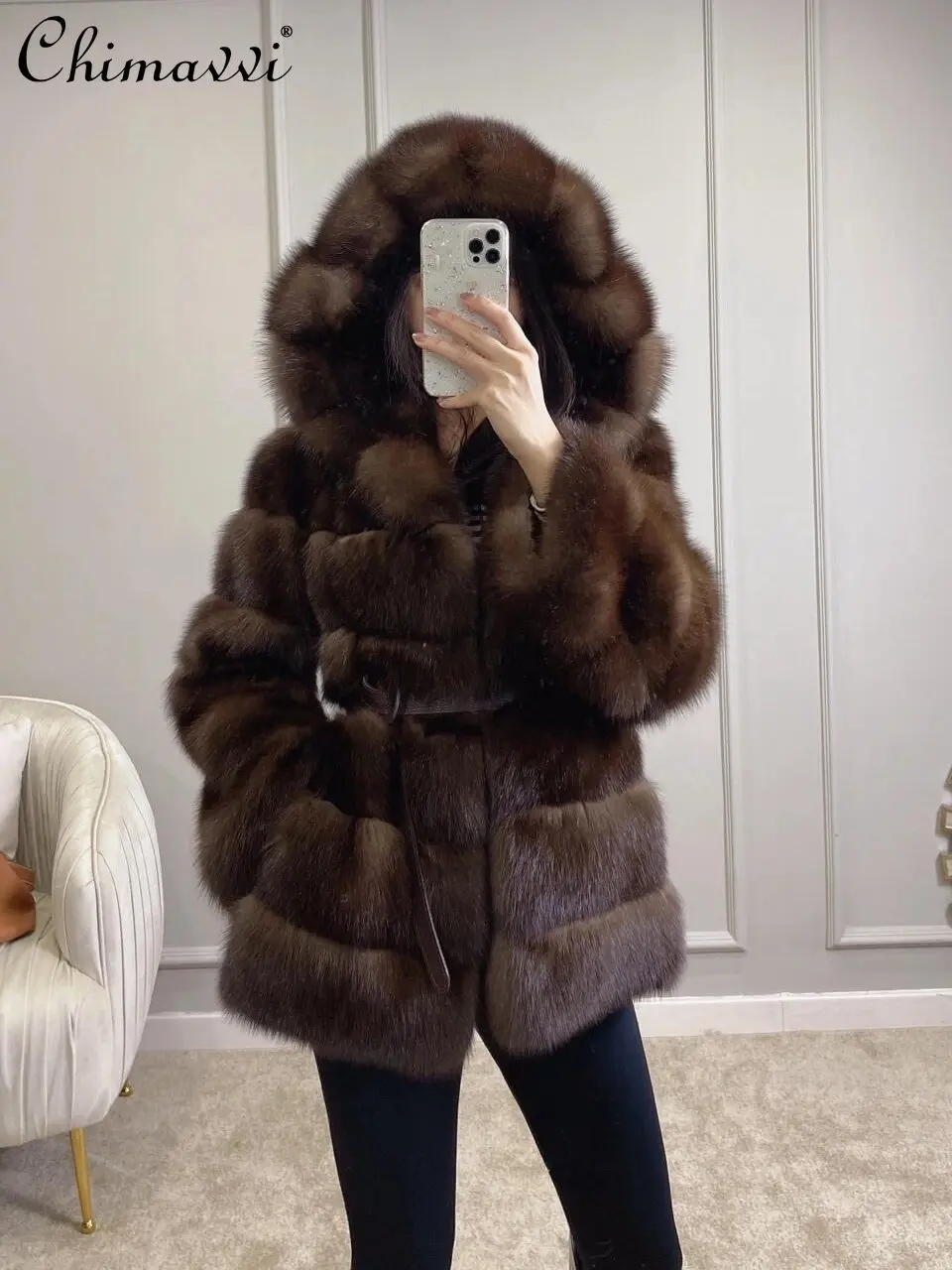 

High-End Light Luxury Fur Coat for Women Winter Clothes New Luxury Fashion Long Sleeve Elegant Fur Warm Mid-Length Hooded Jacket