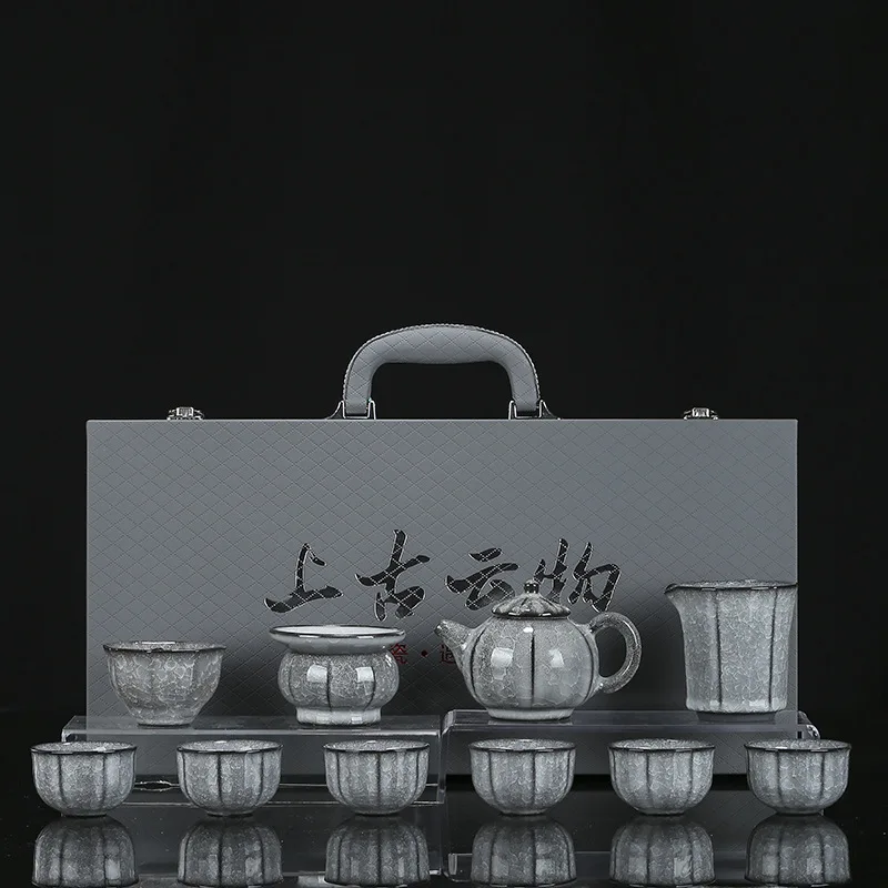 Crack Ceramic Kung Fu Tea Set Water-Activated Luxury Black Ice Flower Home Use Guest High-End Gift Box