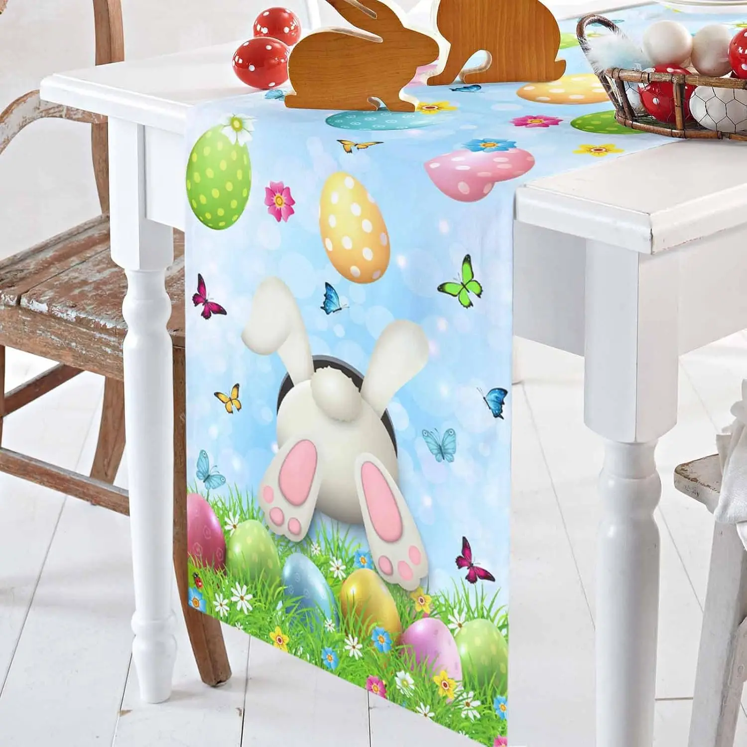 Easter Rabbit Eggs Butterfly Linen Table Runner Dresser Scarves Decor Spring Farmhouse Kitchen Table Runner Easter Decorations