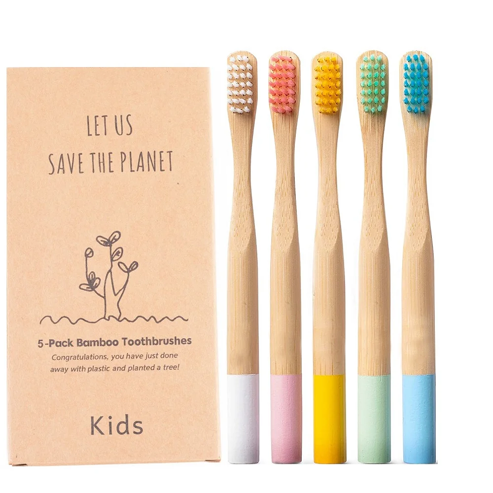 Kids Bamboo Toothbrushes 5 Pack BPA Free Soft Bristles Toothbrush Eco Friendly Natural Bamboo Toothbrush Set Compostable Wooden