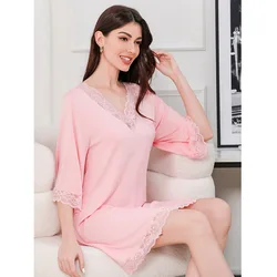 Sexy Summer Women's Nightgown Modal Cotton Sleepwear V-neck Three Quarter sleeve Nightdress Lace Trim Pajamas Nightwear Skirt