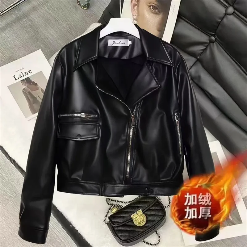 

Американская кожаная куртка женская осень-зима2025 новые взрывы пальто дизайн Sense верхняя одежда на молнии короткая мотоциклетная верхняя одежда женская